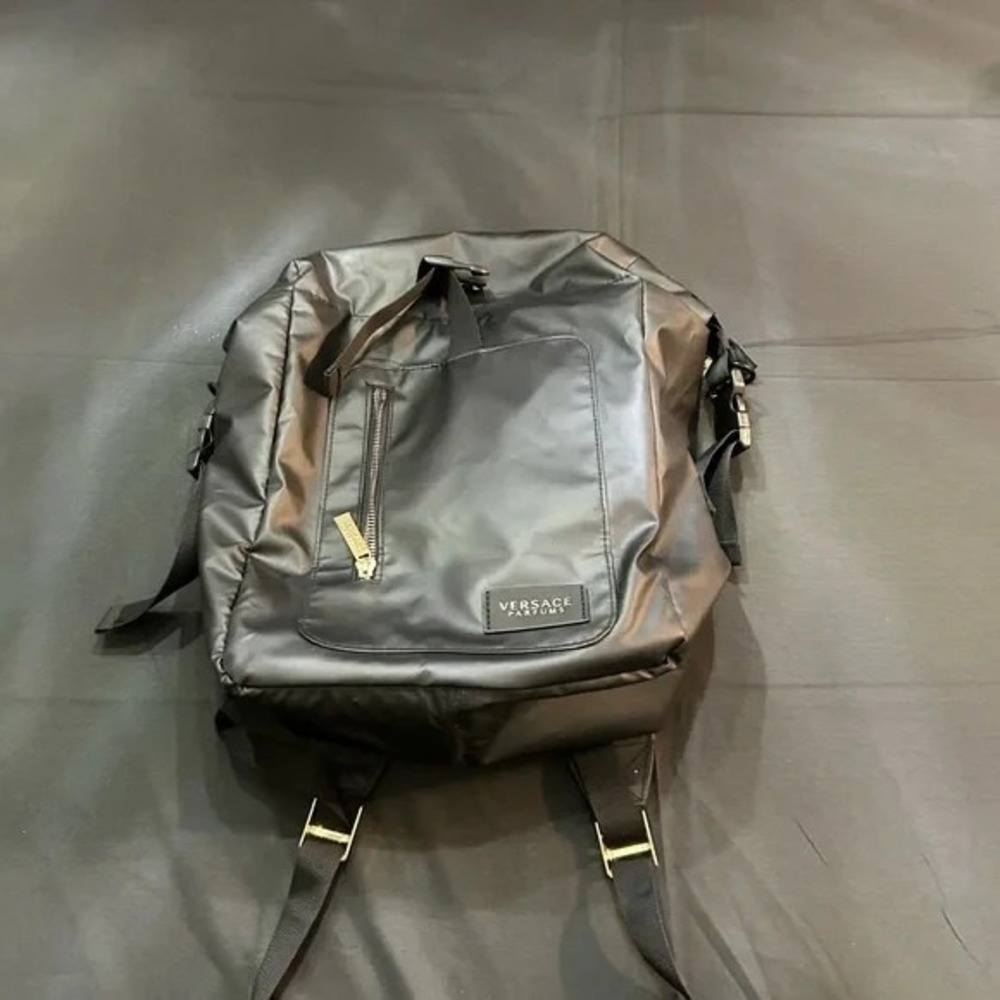 Versace Parfums Black Rider Backpack Gold Tone Hardware Travel Bag Promo